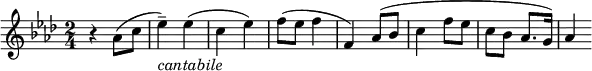 
\header{
   title = "Seventeen Come Sunday"
}
\relative c'' {
  \key f \minor
    \time 2/4 \set Score.tempoHideNote = ##t \tempo 4 = 120
      r4 as8 (c8 es4--_\markup{\italic "cantabile"}) es4 (c4 es4) f8 (es8 f4 f,4) as8 (bes8 c4 f8 es8 c8 bes8 as8. g16) as4
}
  