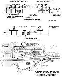 Layout and two sections of an elevated light rail terminal. There is a peanut-shaped loop for trains. The right half of the loop is a wide deck that includes a busway, with a ramp from ground level.