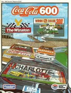 The 1988 Coca-Cola 600 program cover, featuring Dale Earnhardt, Bill Elliott, Bobby Allison, and Cale Yarborough. Artwork by NASCAR artist Sam Bass.
