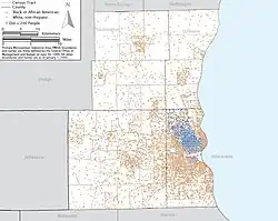 Map showing a large concentration of black residents in the north side of metropolitan Milwaukee.