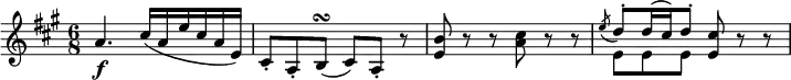 { \tempo 4 = 120 \set Score.tempoHideNote=##t \set Staff.midiInstrument = "violin" \relative a' { \key a \major \time 6/8
a4. \f cis16( a e' cis a e) | cis8-. a-. b( \turn cis) a-. r | <b' e,> 8 r r <cis a> r r |
<< \new Voice = "first" { \stemUp \slurDown \acciaccatura e8 \stemUp \slurUp d8^. d16( cis) d8^. }
\new Voice = "second" { \stemDown e,8 e e } >> <cis' e,>8 r r }}