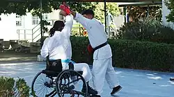 Two people (one in a wheelchair) in a practice of karate.