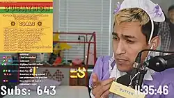 A twitch streamer in a maid costume eats butter during a subathon; in the bottom, there is a timer and a subscription counter