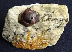 An almandine-garnet growing as a porphyroblast in a quartzitic gneiss