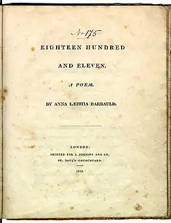 Page reads "Eighteen Hundred and Eleven, A Poem. By Anna Laetitia Barbauld. London: Printed for J. Johnson and Co., St. Paul's Churchyard. 1812."