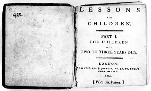 Page reads "Lessons for Children. Part I. For Children from Two to Three Years Old. London: Printed for J. Johnson, No. 72, St. Paul's Church-Yard, 1801. [Price Six Pence.]"