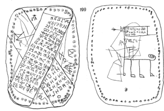 A more complete early Cyrillic abecedary (on the top half of the left side), this one written by the boy Onfim between 1240 and 1260 AD (birch bark document № 199).