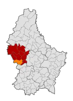 Map of Luxembourg with Beckerich highlighted in orange, and the canton in dark red