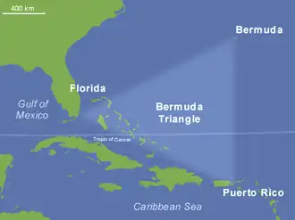 Map showing the Bermuda Triangle, with its three points located at Bermuda in the top right, Puerto Rico in the bottom right, and the southern coast of Florida on the left.