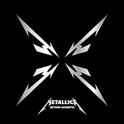 A black square with four stylized, diagonal M letters pointing towards the center in the style of a shuriken. The Metallica logo and the text "Beyond Magnetic" is near the bottom of the image.