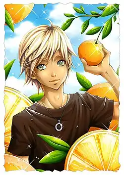 A manga style drawing of a slender young man with blonde hair and green eyes holding an orange.