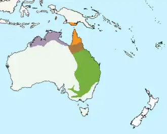 map of Australia showing multicolored area across north and east of the country, and New Guinea