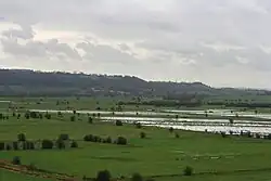 Water on grassy lowland with hills in the distance.