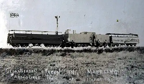 Armoured 3rd Class 4-4-0 locomotive at Mafeking, c. 1899