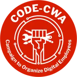 A red logo that looks like a circuit board, with a solidarity fist inside, holding a pen, brush and wrench