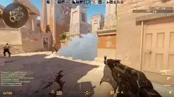Screenshot from Counter-Strike 2, demonstrating gameplay from the Terrorist side on the multiplayer map Anubis. The player in the image, who is observing a volumetric smoke cloud, is holding an AK-47 assault rifle.