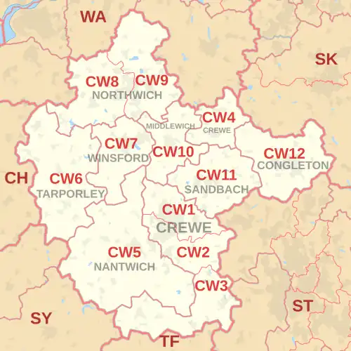CW postcode area map, showing postcode districts, post towns and neighbouring postcode areas.