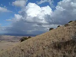 The grass-covered outer slope of the cinder cone.