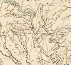 An excerpt from John Collet's 1770 map showing the Roanoke River running Northwest to Southeast, with Halifax depicted as a large settlement on the river at the center of the map.