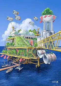 A rendering of a former oil platform at sea, repurposed as a greenhouse and powered by wind turbines