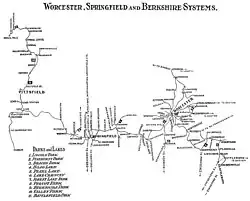 Map showing streetcar networks surrounding Worcester, Springfield, and Pittsfield, Massachusetts