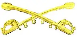 A computer generated reproduction of the insignia of the Union Army cavalry branch. The insignia is displayed in gold and consists of two sheathed swords crossing over each other at a 45 degree angle pointing upwards