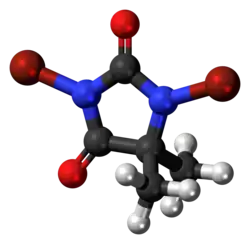 Ball-and-stick model of the DBDMH molecule
