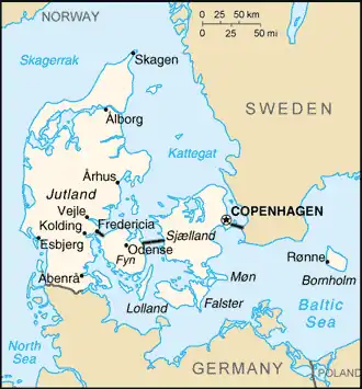 A labelled map of Denmark
