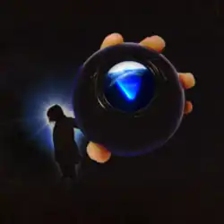 A figure in silhouette holding out a Magic 8 Ball with its window visible to the viewer and the die inside showing the word "DECIDE"