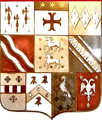 Heraldic quarterings of Sir Robert Dennis on stone escutcheon at Livery Dole