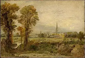 Distant View of Salisbury Cathedral (1821), oil on panel, 6 13/16 x 10 1/16 in. (17.3 x 25.6 cm), Clark Art Institute