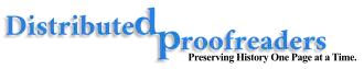 "Distributed Proofreaders" set in blue serif text, with the second word beginning at the bottom right of the first one. Below the second word, "Preserving History One Page at a Time." in black serif text.