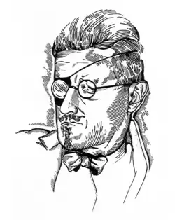 Head and shoulders drawing of a man with a slight moustache and narrow goatee in a jacket, low-collared shirt and bow tie. He wears round glasses and an eye patch over his right eye, attached by a string around his head.
