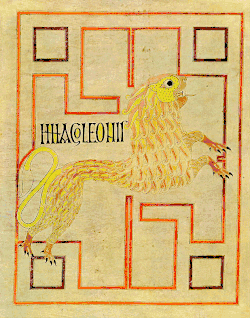St Mark as the lion as depicted in the Echternach Gospels, c. 800, Hiberno-Saxon.