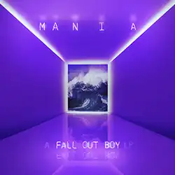 A reflective purple hallway extends far into view. Right at the end, cutting the scene into two parts, we see an image of the crest of purple waves. Around the waves in a square are neon purple lights. At the top half we see "MANIA" with progressively larger spacing between each of the letters. The bottom half has text that reads "A fall out boy LP" although "a" and "LP" are in a much lower opacity than the band name