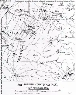 Map shows the positions of the Australian Mounted Division on 12 November and Ottoman divisions' attacks.