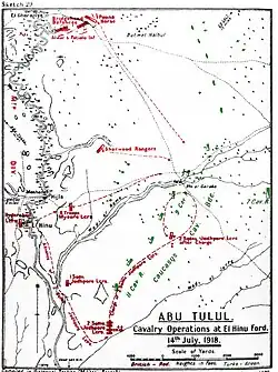 Map showing the advance of Macandrew's units at the Battle of El Hinu, with arrows delineating the flanking manoeuvre around the River Jordan