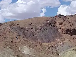 An exposed reverse fault plane with large slickenlines. Gobi, Mongolia.