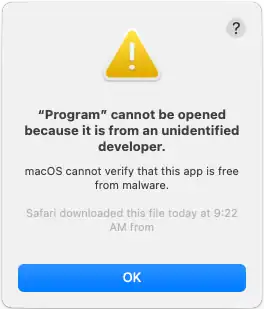 Screenshot of a system alert, informing the user that the application cannot be opened, because it was not signed by a registered developer.