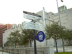 Museum signage with multiple signs under it listing museums. In the background is the Houston Museum of Fine Arts.