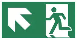 An exit symbol, combined with an arrow pointed up, to the left.