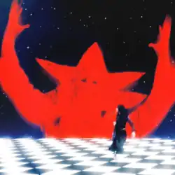 Image of Magdalena Bay's lead vocalist Mica Tenenbaum on a black and white square floor, escaping from a star-shaped monster, which raises its hands against a space background.