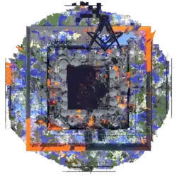 An aerial render of the spawn region in July 2019, displaying the extreme amount of destruction and modification carried out to the terrain, including the construction of massive obsidian structures, such as the prominent Square and Compasses.