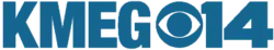 From left: The letters K M E G in a bold sans serif, the CBS eye, and a numeral 14.