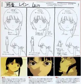 A series of drawings depicting the different personalities of Lain—the first shows shy body language, the second shows bolder body language, and the third grins in an unhinged fashion.