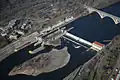 Lock and dam No. 1 with lock facilities on the left and hydroelectric powerhouse on the right.