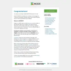A screenshot of the home page of a new install of MODX Revolution 3 showing a header with the MODX Logo and some introductory text explaining how to get started with the software and how to find resources.
