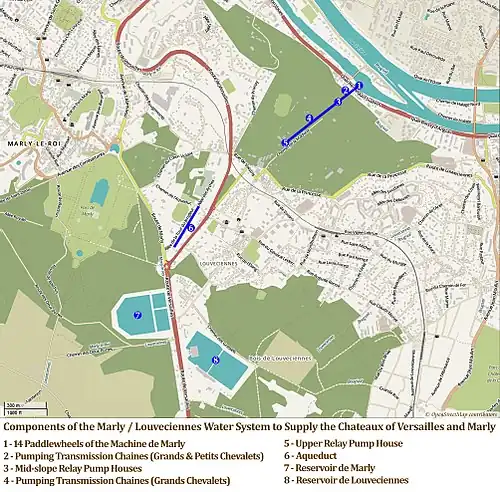 Location of the components of the Machine de Marly (detail)