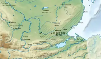 Map showing the Manche Chʼol Territory, in the centre, as extending east from lower Peten, north from Lake Izabal, and south and west from the Sittee River, with principal settlements within the Territory marked, and with principal settlements and polities surrounding the Territory marked as well.