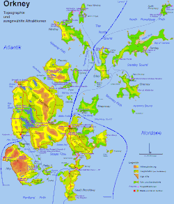 A map of the Orkney archipelago showing topography and main transport routes. A small island with a high elevation is at south west. At centre is the largest island, which also has low hills. Ferry routes spread out from there to the smaller islands in the north.